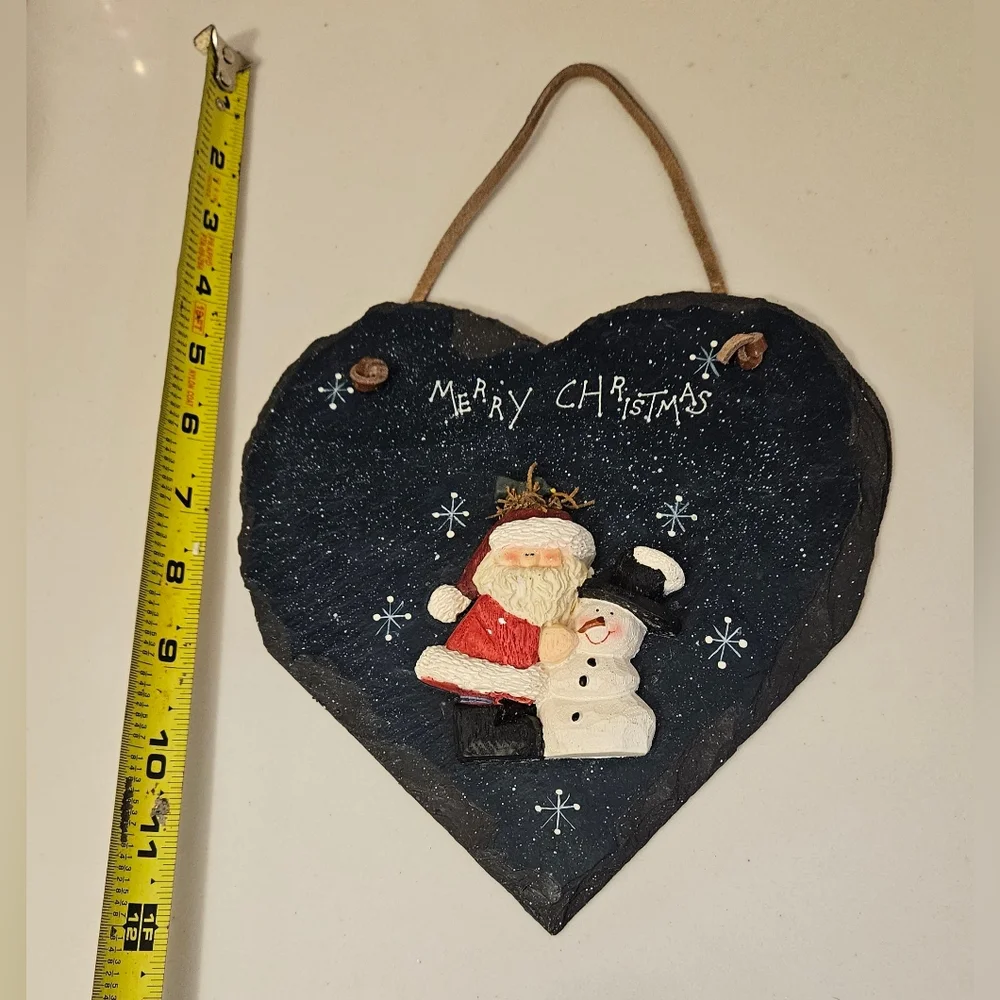 Henton Santa And Snowman Slate Stone Leather Hanging Strap Adorable Vintage